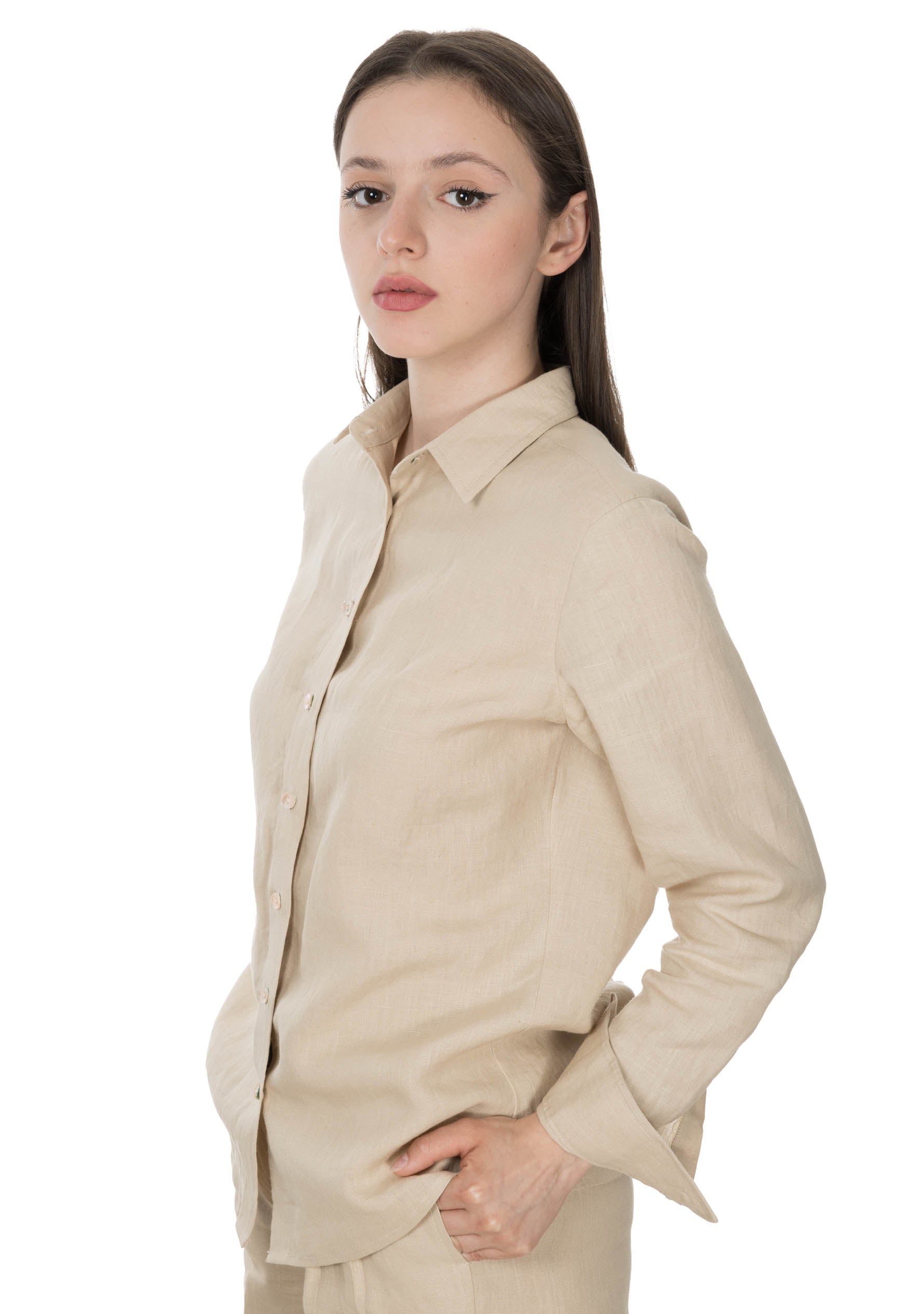 Regular Fit Linen Shirt for Women - Beige